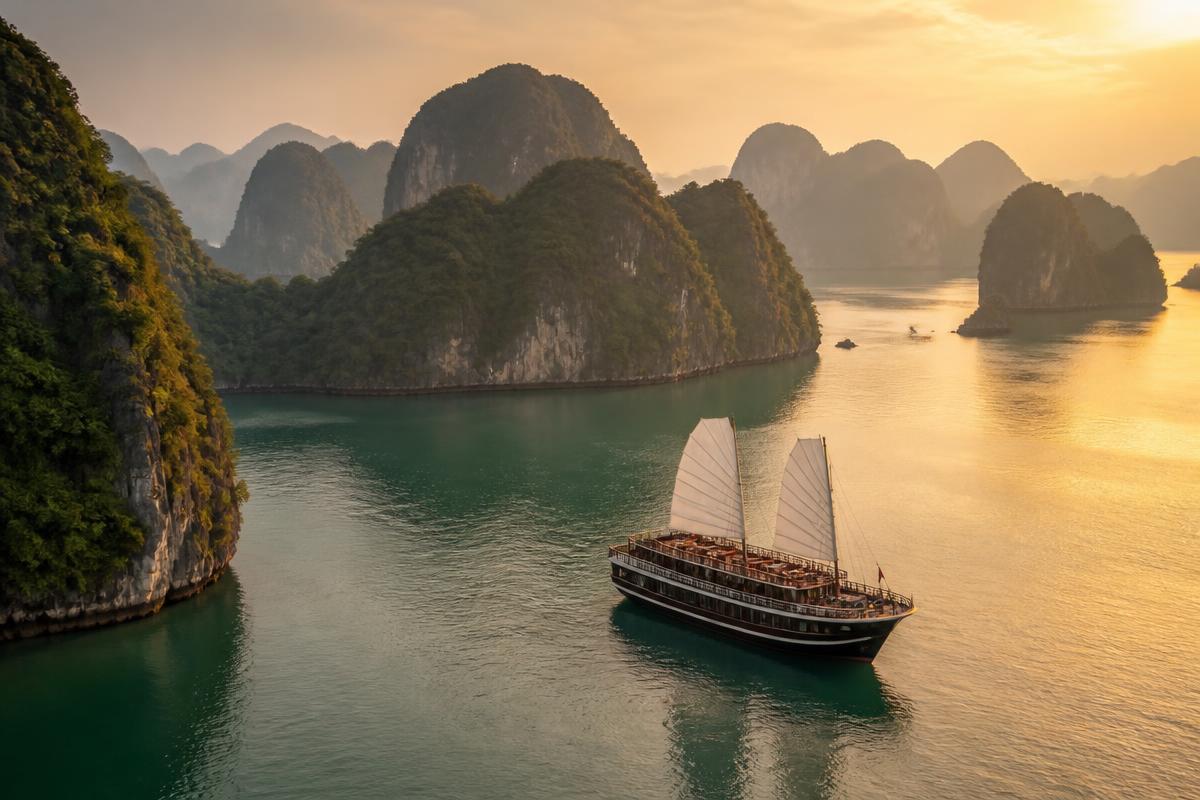 Traditional junk boat sailing through the emerald limestone karsts of Halong Bay at golden hour