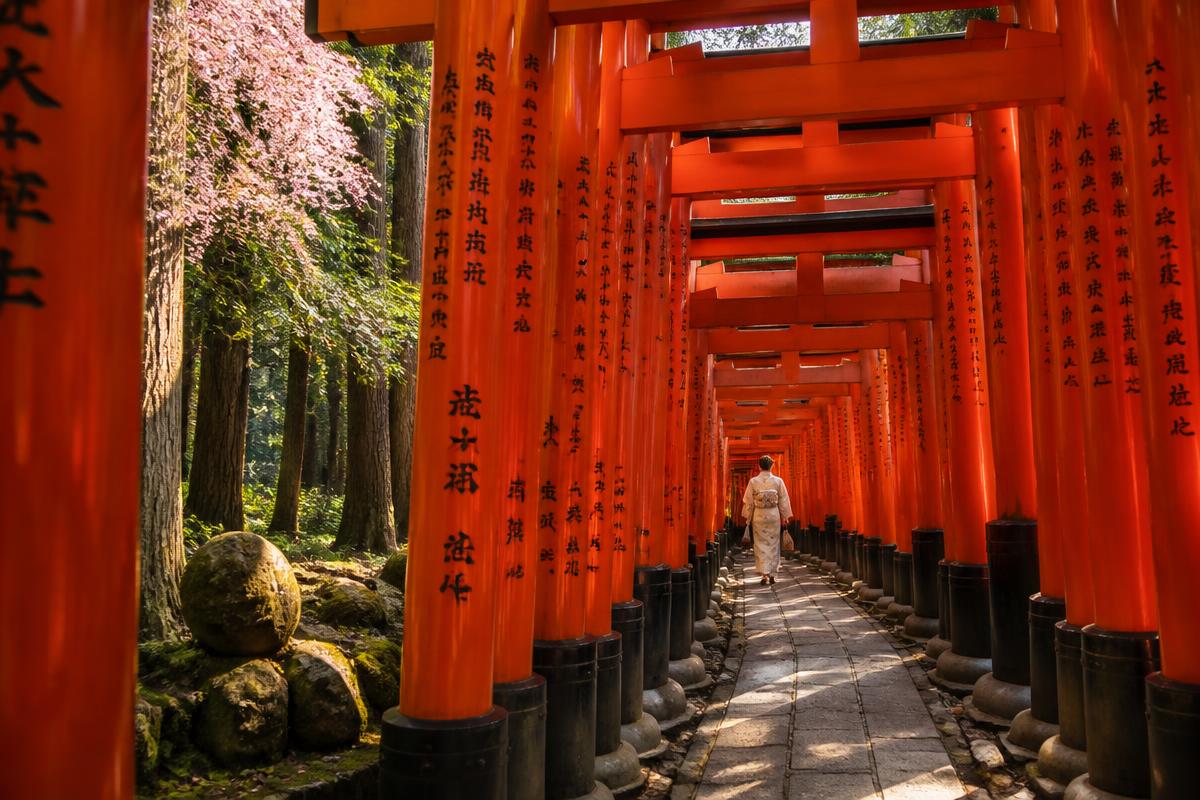 Vermilion torii gates of Fushimi Inari shrine in Kyoto with a traveler in traditional dress