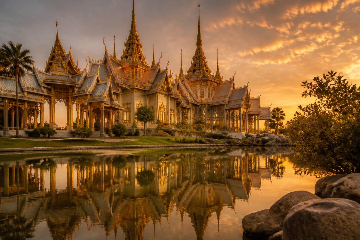 Ornate golden Thai temple reflected in still water at sunset