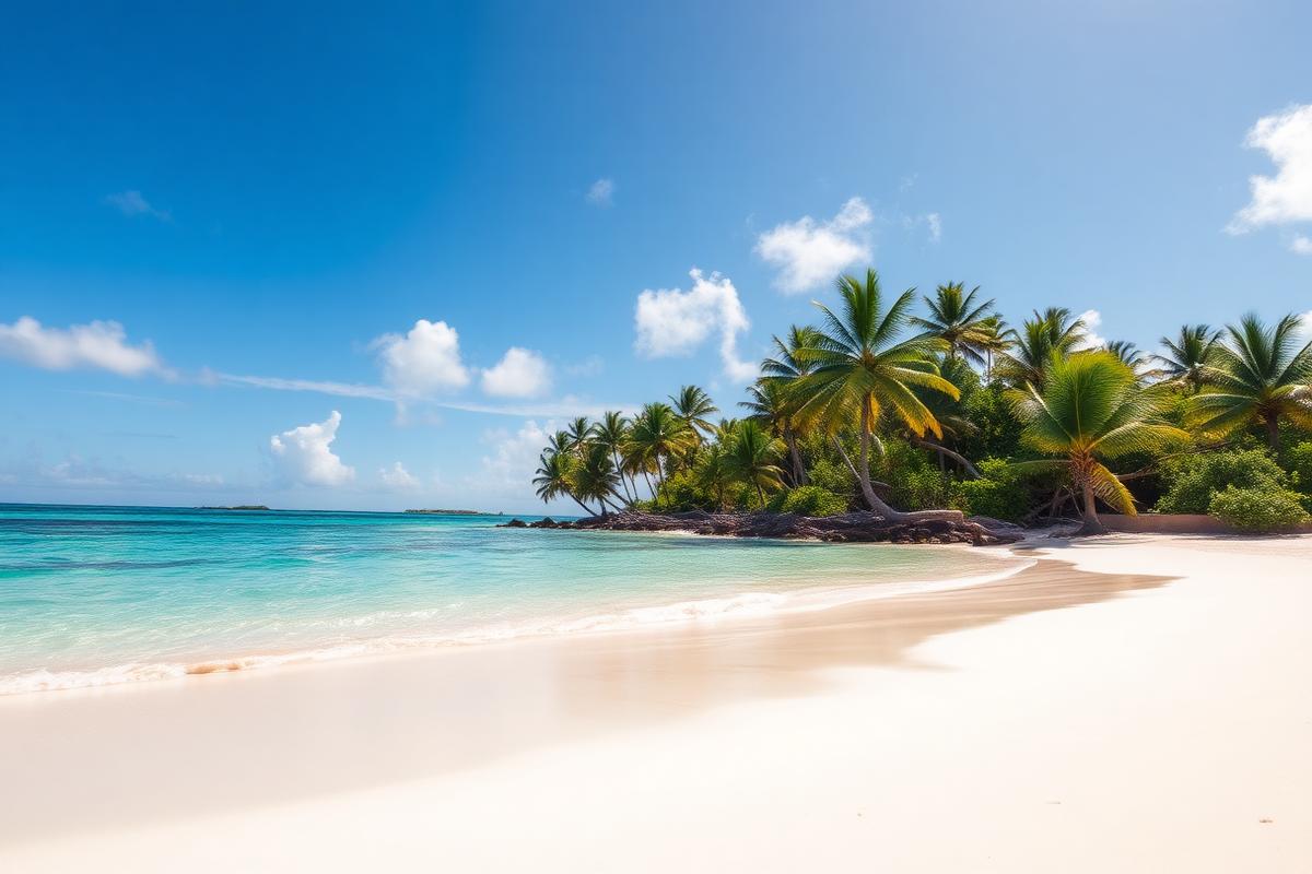 Tropical Caribbean beach with white sand, turquoise water, and palm trees