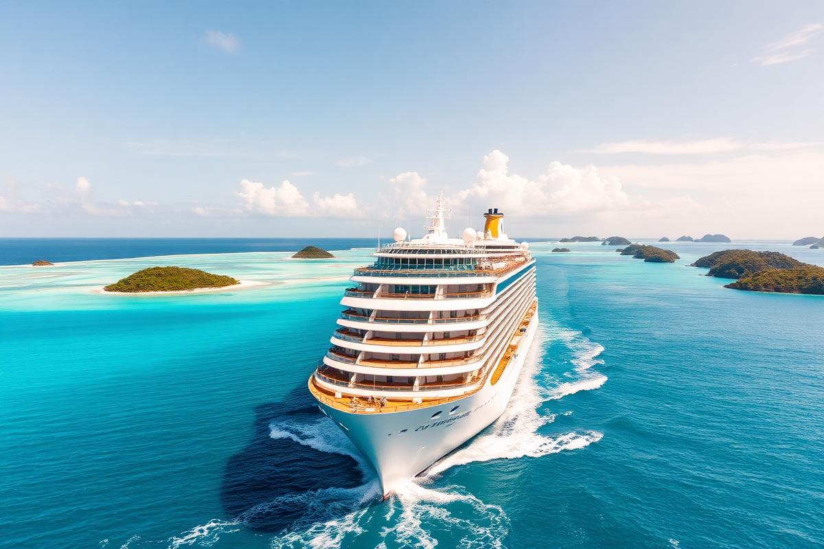 Luxury cruise ship sailing through turquoise Caribbean waters near tropical islands