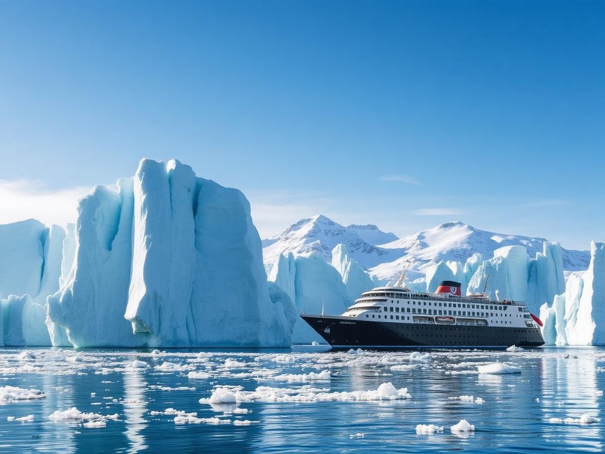 Expedition ship sailing past towering blue icebergs in Antarctica