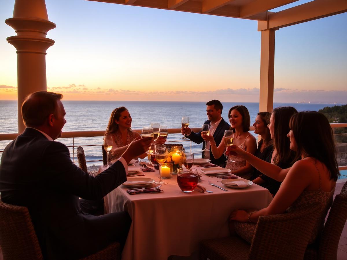 Group of travelers toasting at a sunset oceanfront dinner during an incentive trip