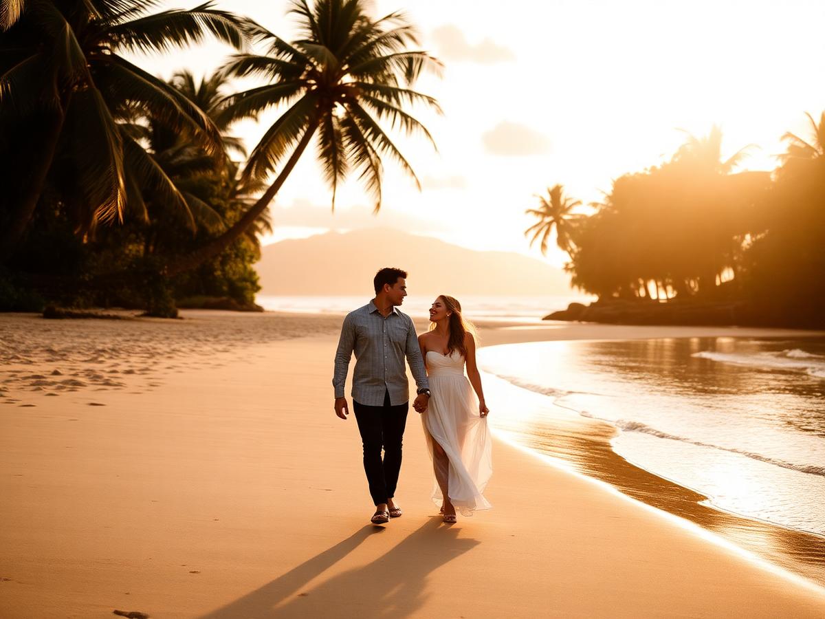 Couple walking a secluded tropical beach at golden hour on their honeymoon