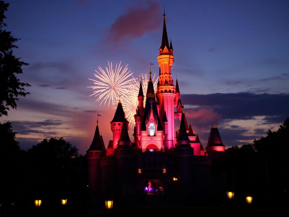 Fairytale castle at dusk with warm golden lights
