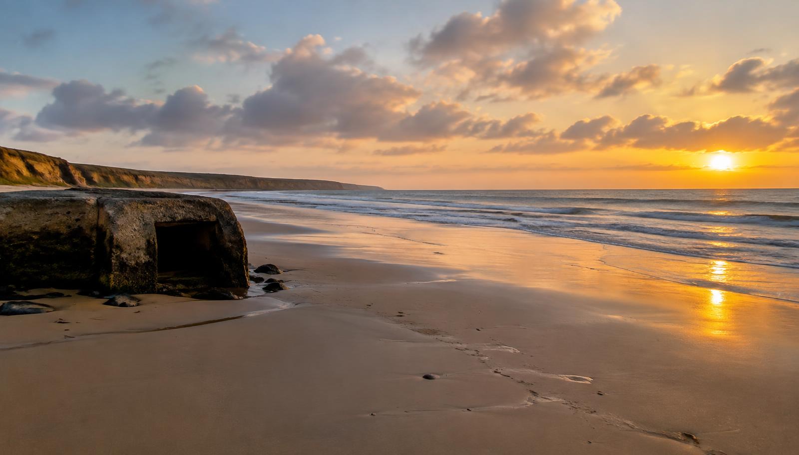 A quiet Normandy beach at golden hour