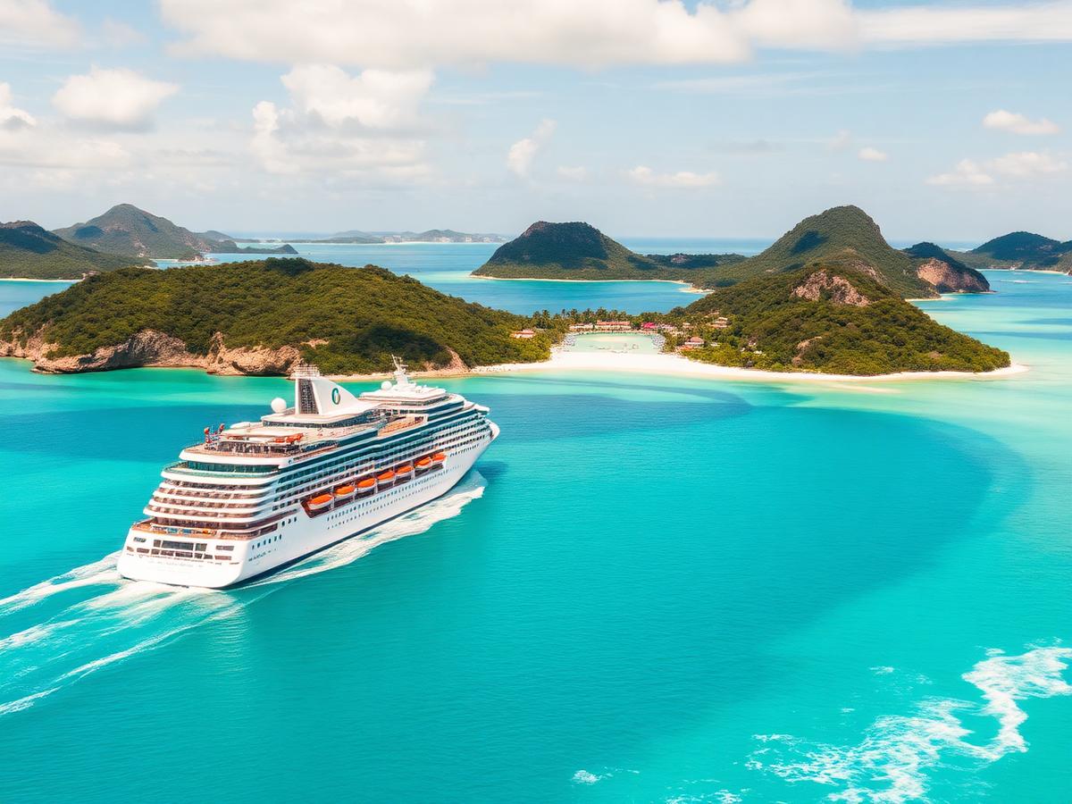 Luxury cruise ship sailing through turquoise Caribbean waters near tropical islands