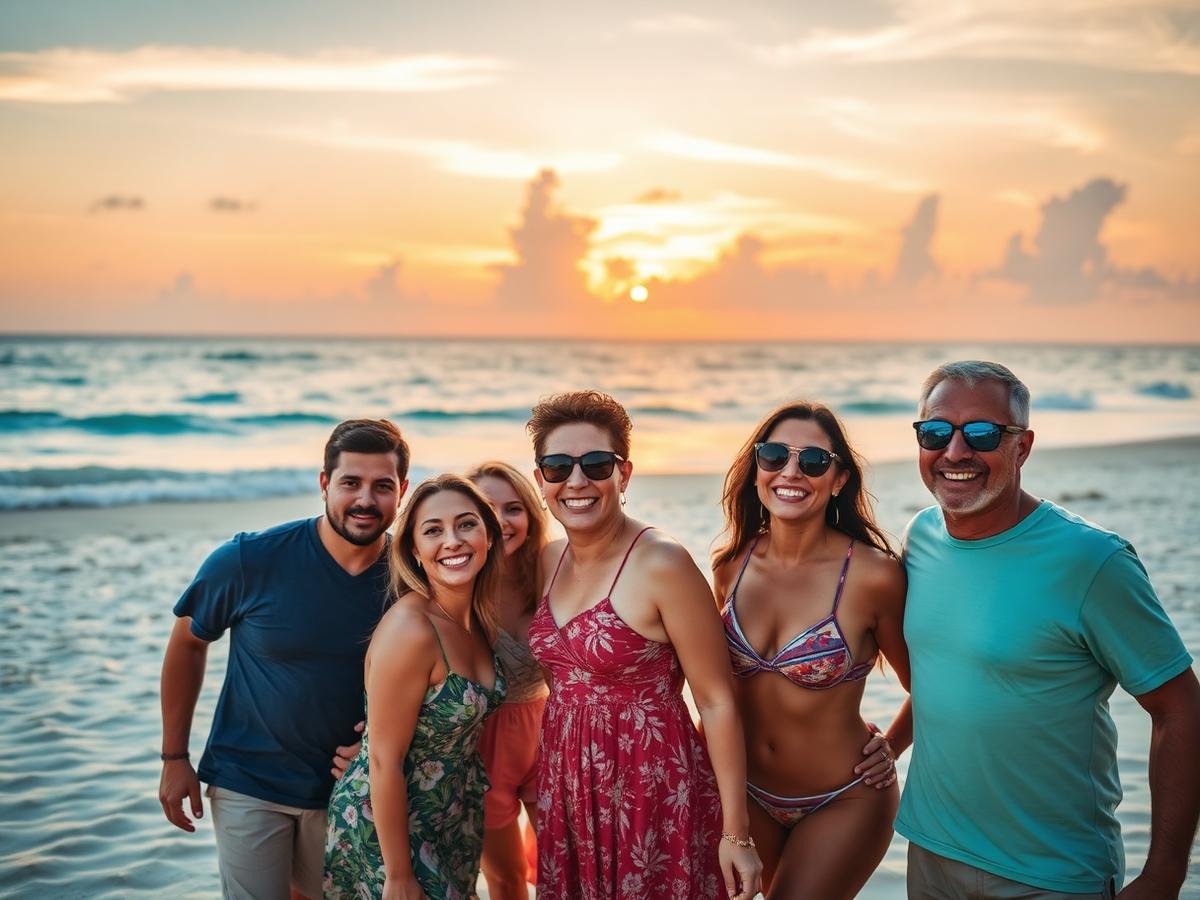 Group of happy travelers enjoying a beach sunset at a tropical resort