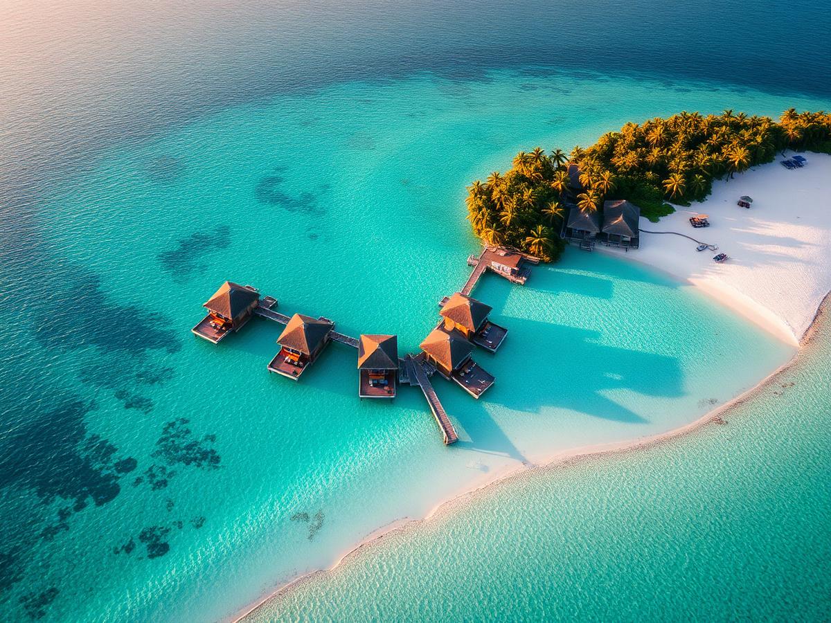 Aerial view of overwater bungalows in Maldives or Bora Bora with turquoise lagoon and white sand beach